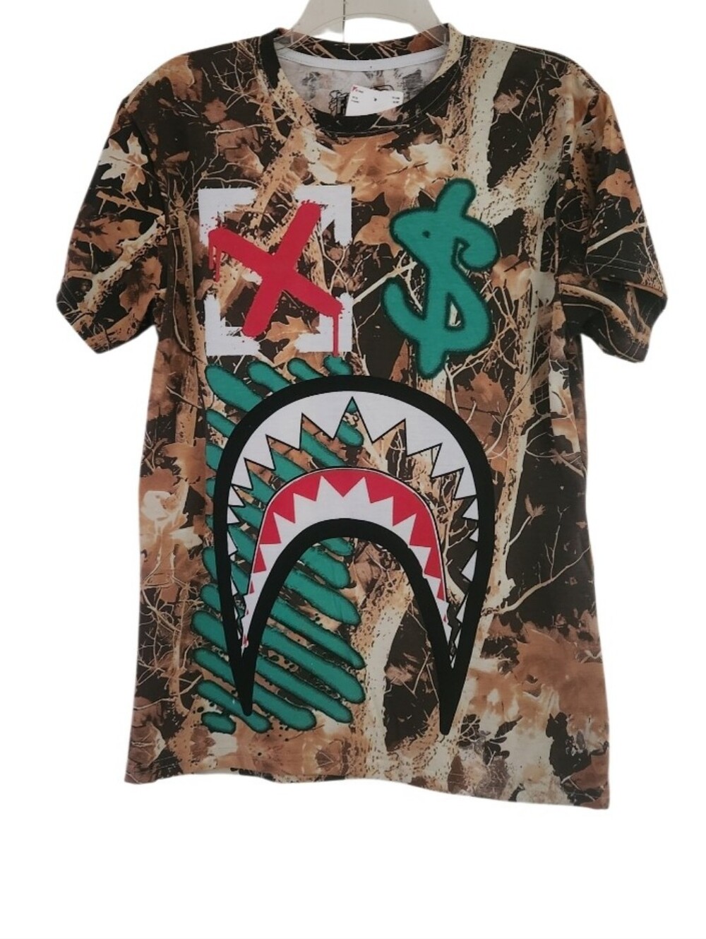 Camouflage Graphic Tee with Shark & Dollar Motifs - Brown/Green Sz Med Nwt